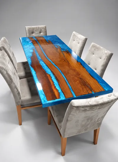 Mesa de jantar de madeira com rio de resina azul